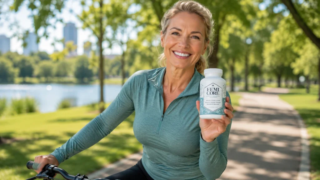 A fit senior woman smiling outdoors in a park holding a Femicore supplement bottle, feeling active.