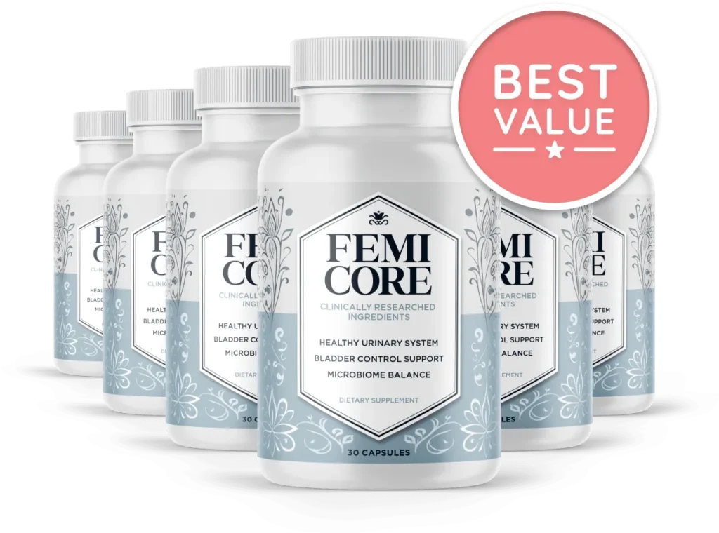Femicore bulk pricing selection showing six bottles bundle with a Best Value pink discount stamp.