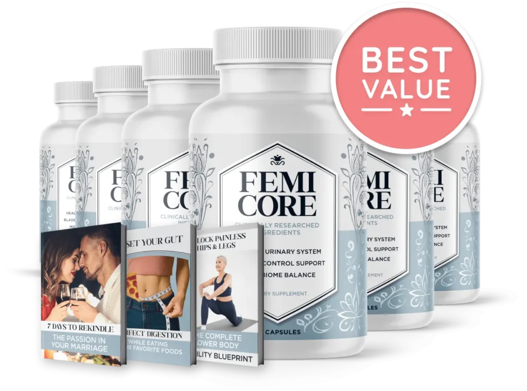 Femicore bulk pricing selection showing six bottles bundle with a Best Value pink discount stamp.